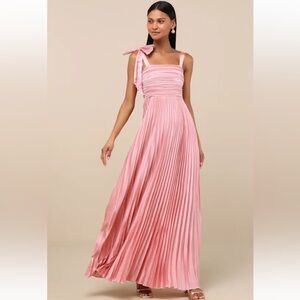 Lulu's Blush Pink Pleated Maxi Dress with Shoulder Bow